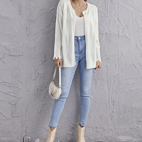 NWT Pearl Beaded Distressed Cardigan, white, small - Picture 4 of 12